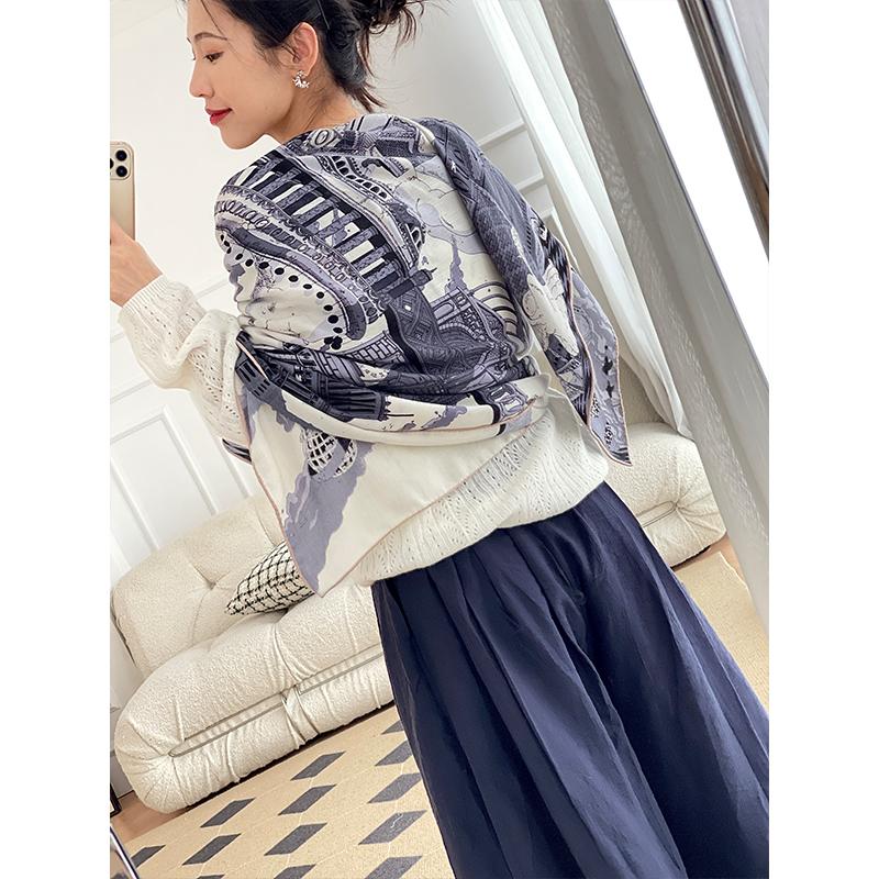 

Scarves Hippopolis Horse Print Cashmere Silk Scarf 140 70% 30% Hand Rolled Designer Luxury Winter Brand, Blue;gray
