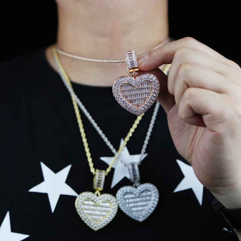 

Chains 5A Cz Paved Heart Opened Pendant DIY Po Charm Necklace For Hip Hop Full Iced Out Crystal Gold Plated Tennis Chain Necklaces, Silver