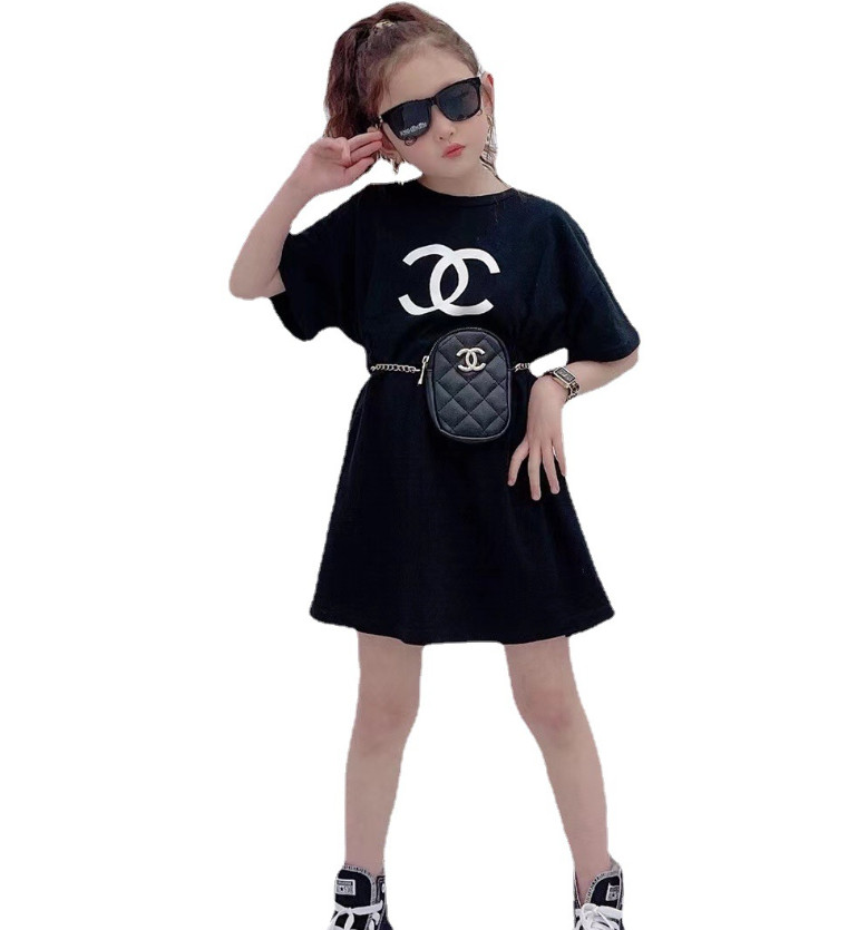 

Luxury Girls Letter Printed Dresses Summer Children Short Sleeve Elastic waist Dress Lady style Kids Knitting Cotton Clothing A6740, Red;yellow