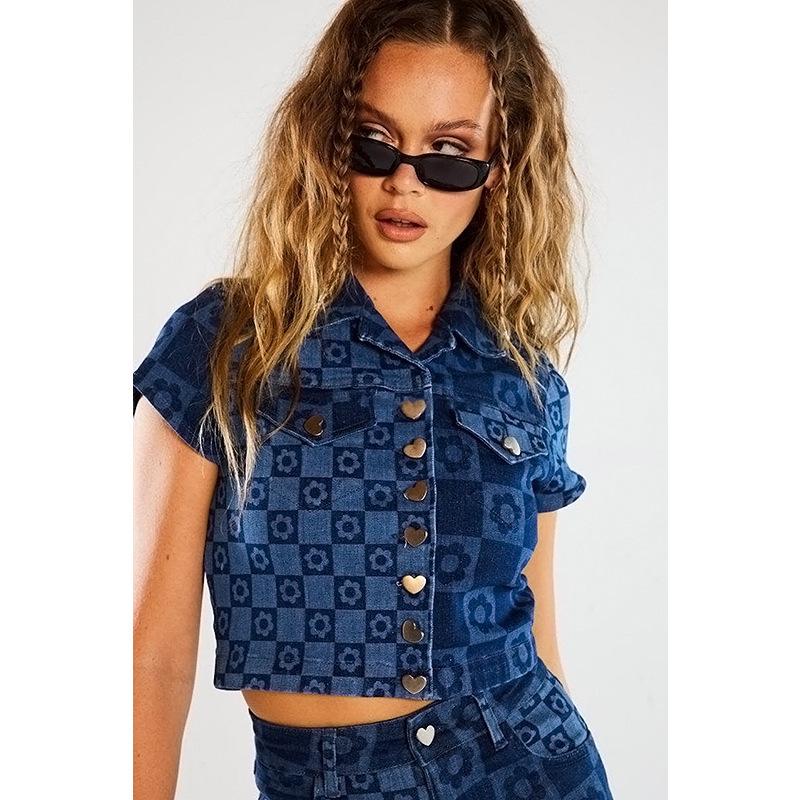 

Women' T-Shirt European And American Spring Retro Plaid Asymmetric Denim Jacket / High Waist Slim Flared Pants Summer Clothes For Women, Deep blue