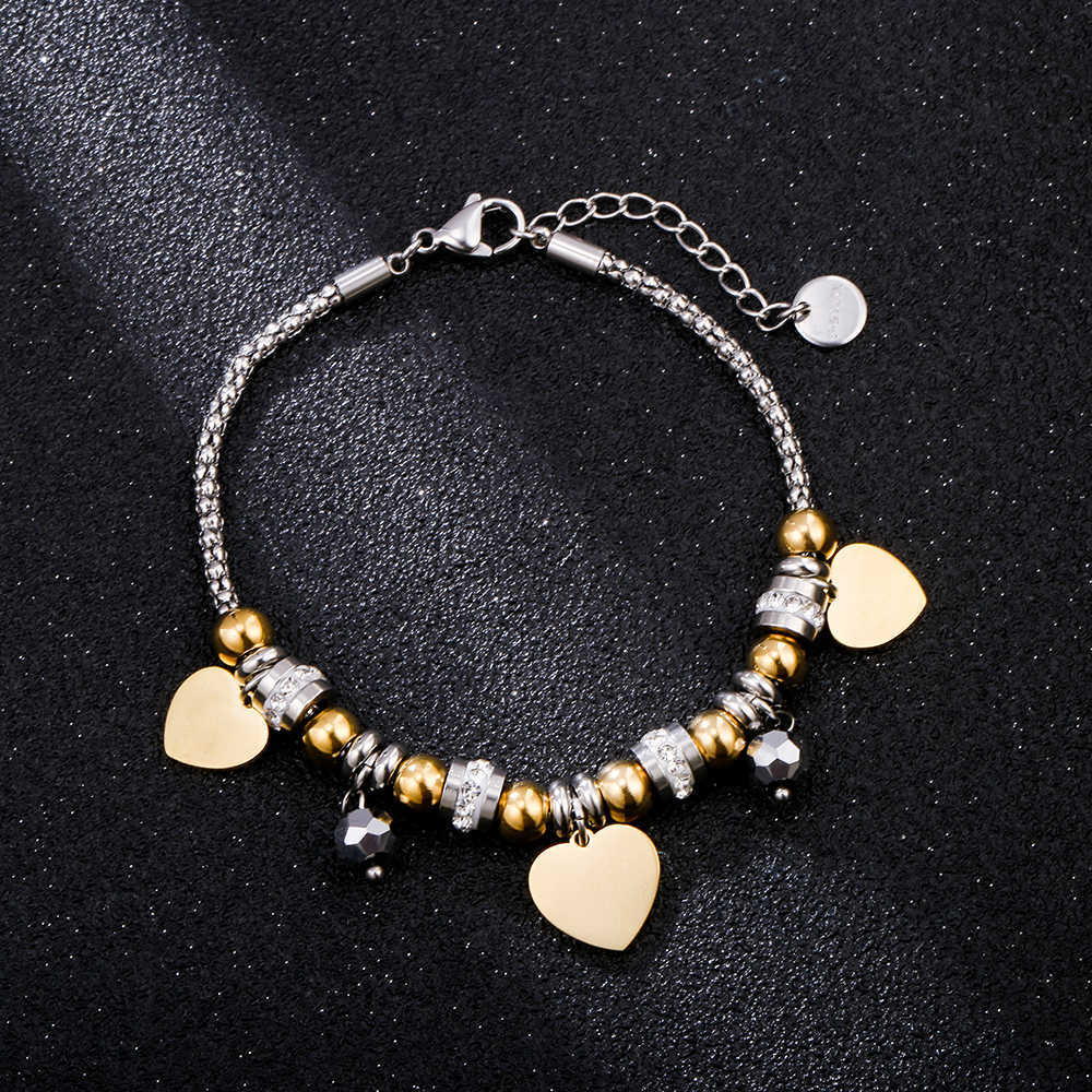 

Love Charm Gold Bracelets Fashion Metal Beaded Crystal Stainless Steel Pulsera Heart Bracelet Jewelery for Women Girls Gifts Q0719