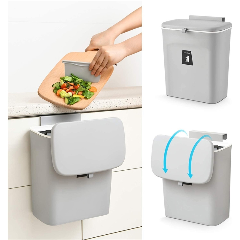 

9L Hanging Trash Can for Kitchen Cabinet Door with Lid Small Under Sink Garbage Bin Wall Mounted Counter Waste Compost Bins 210827