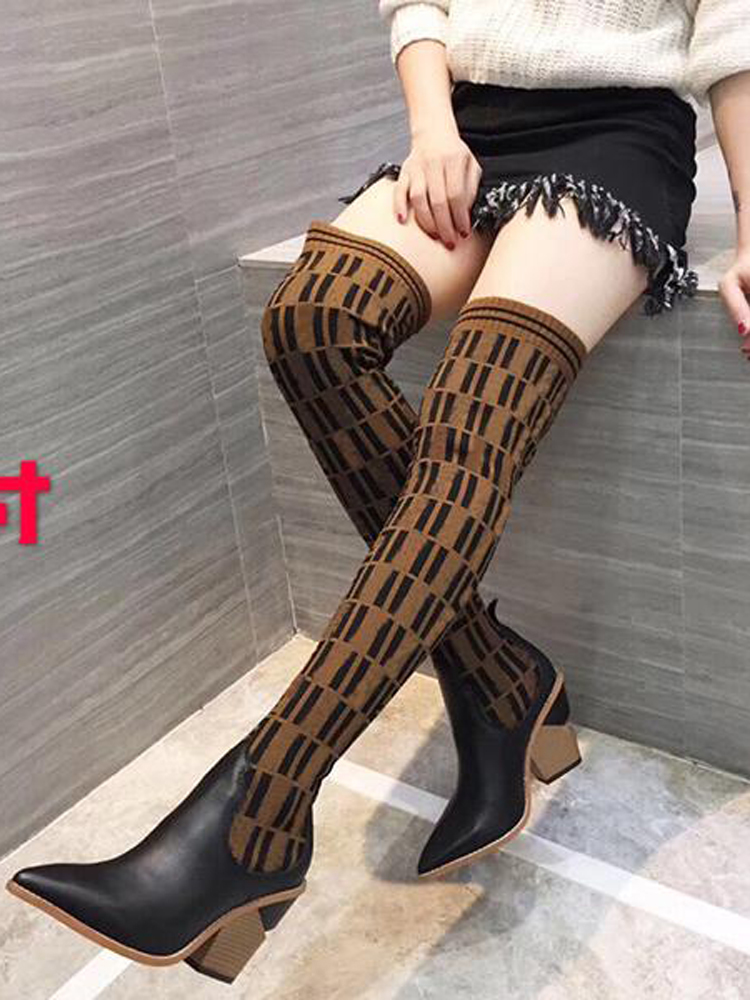 

2021 Fashion Chunky heel Thigh-High Boots socks Knitted Stretch Leather Knee Boot Design Casual Shoes Luxury designer Martin boots size:35-41, Black