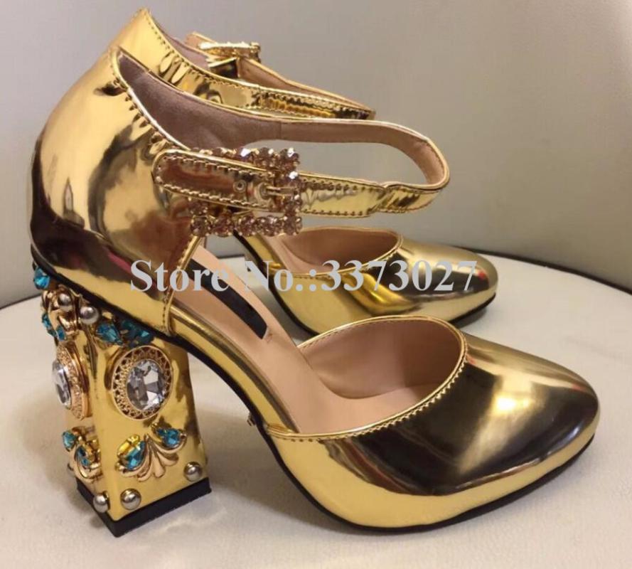 

Gold Color Rhinestone Chunky Heels Lady Sandals Jeweled High Pumps Women Crystal Buckle Wedding Shoes Mujer Party Shoe Dress