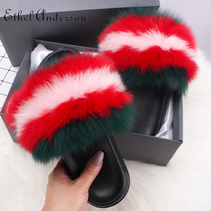 

Slippers Wholesale Real Fur Lady Plus Raccoon Slides Flip Flops Vogue Fluffy Sandals Casual Shoes, Black