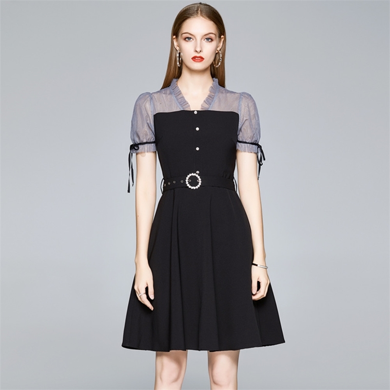 

Summer Mesh Patchwork Dress Women Puff Sleeve Office Lady es Vintage Elegan Party Vestidos 210520, Photo color