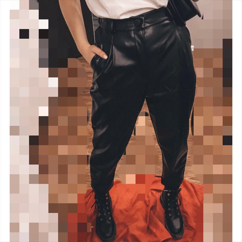 

autumn winter elastic waist womens pants beige faux leather harem pu loose oversize trousers elegant pocket streetwear, Black;white