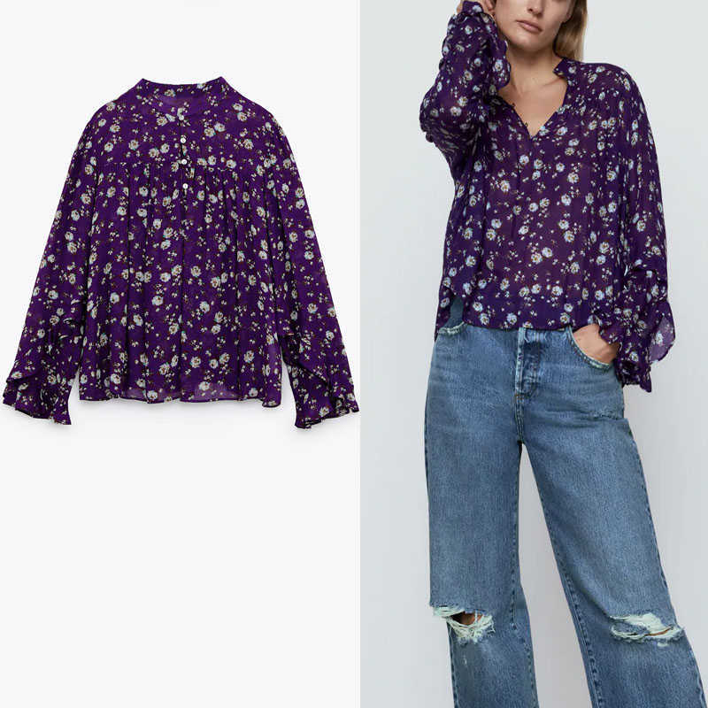 

Za Vintage Floral Print Purple Blouse Women Ruffle Long Sleeve Office Lady Shirts Woman Chic Front Button Loose Top 210602