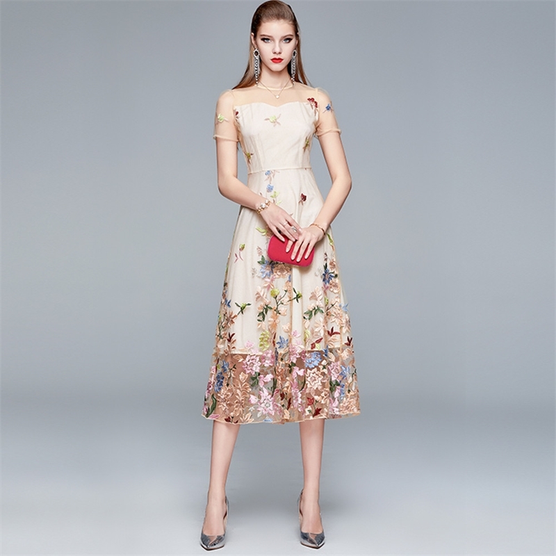 

Summer Embroidery Party Dress Women Short sleeve Flower Embroidered Slim Waist Vintage Mesh Runway Dresses 210520, Photo color