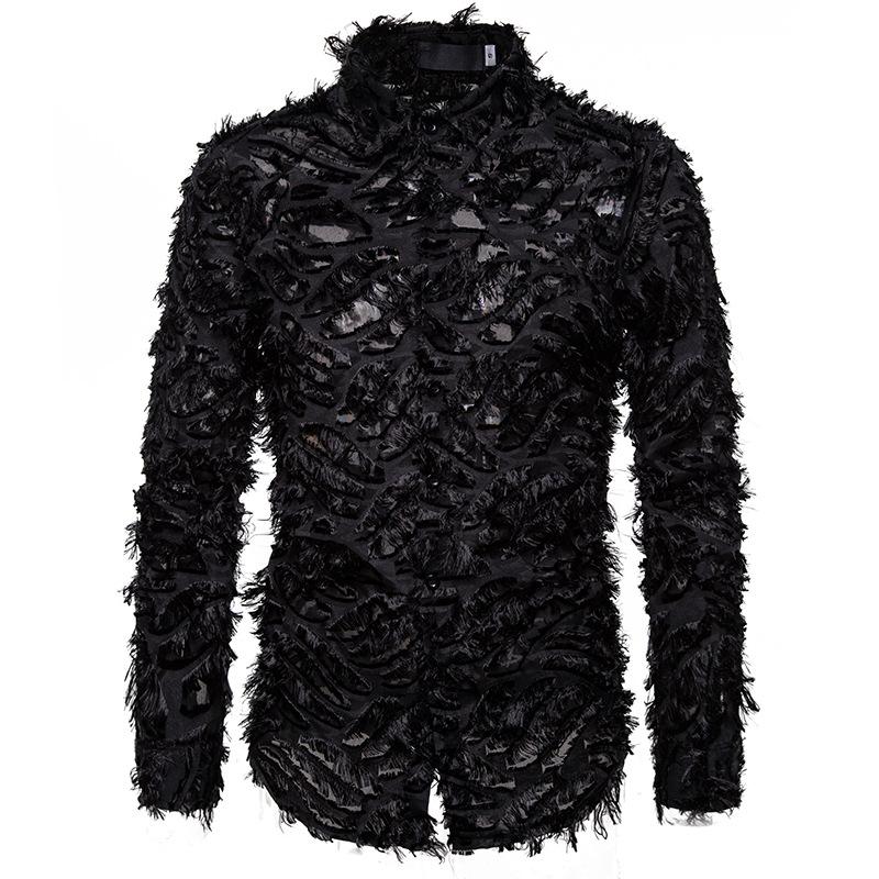 

Sexy Black Feather Lace Shirt Men 2021 Fashion Brand Nightclub Singer Mens Dress Shirts Event Party Prom Camisa Social Masculina Men' Casua