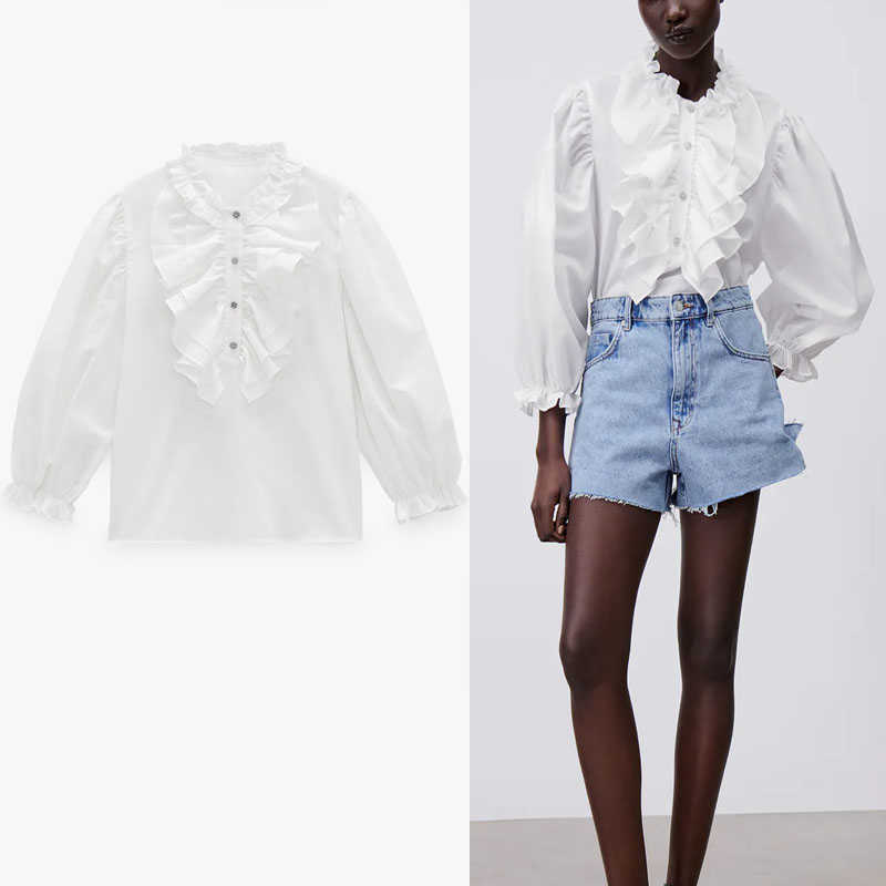 

ZA Vintage Ruffle Jewel Button Shirt Women Long Puff Sleeve White Spring Blouse Woman Chic Soft Loose Tops 210602