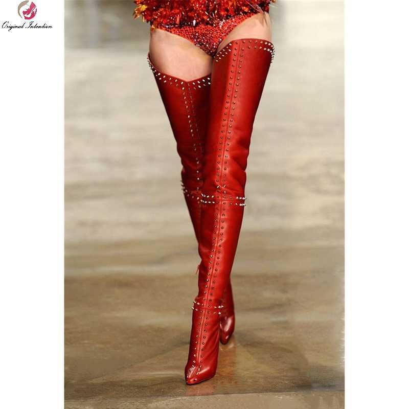 

Boots Women's High Thigh Thin Heels Women Shoes Winter Metal Decoration Rivet Pointed Toe Red Over The Knee Plus Size 5-15, Black