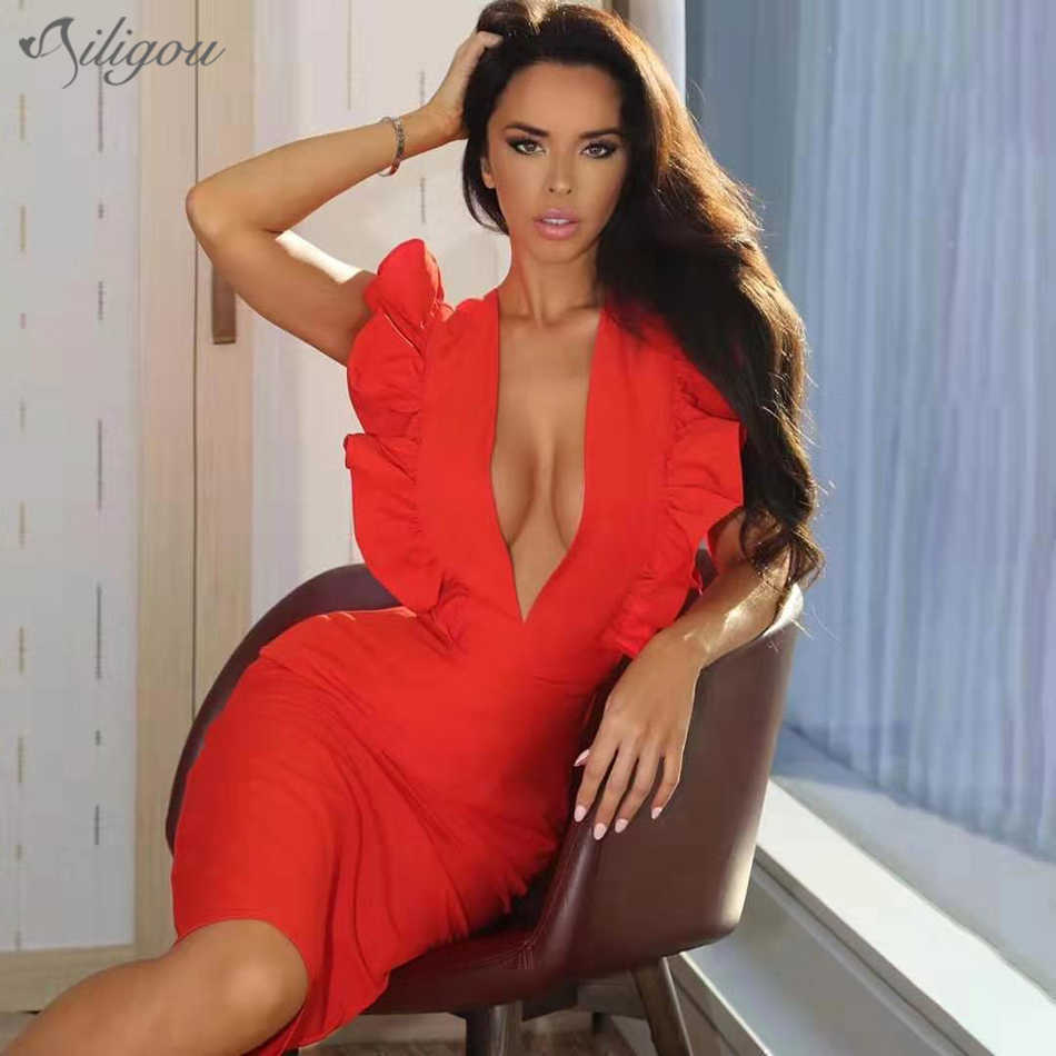 

Summer Red Ruffled Bodycon Bandage Dress Lady Sexy V-Neck Black Vest Club Celebrity Party Vestidos 210527