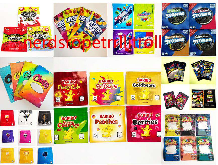 

factory price edible candy treat caribo mylar bags mini glossy zip lockmedicated fruit salad gummies snack Storage bags 53