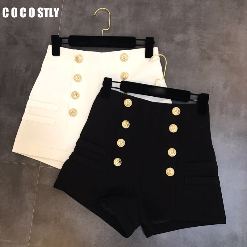 

Black White Shorts Women Double-breasted Casual High Waist A-Line Wide Leg Black Shorts Female Autumn
