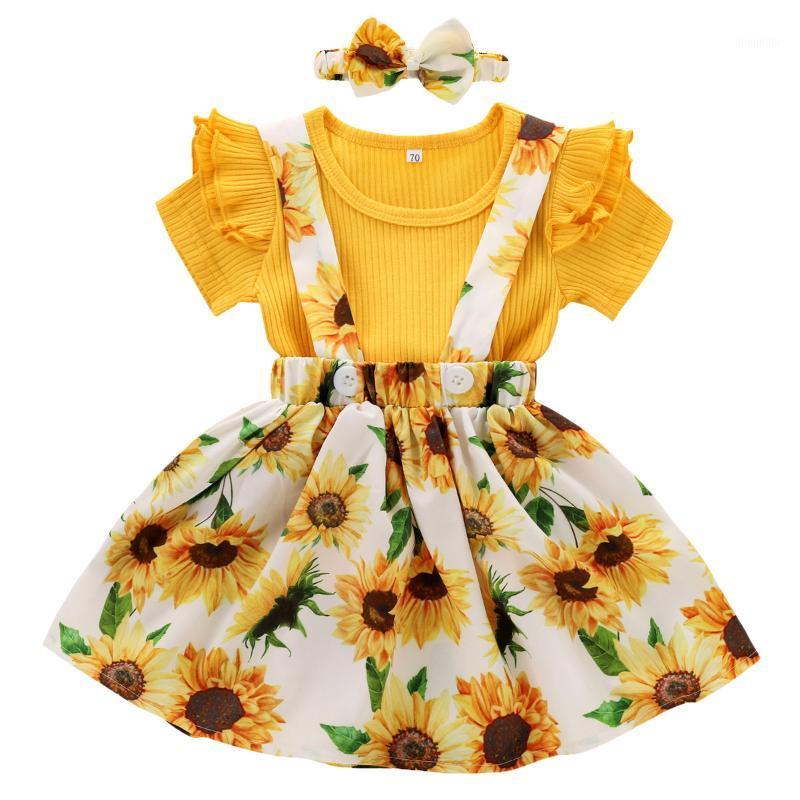 

Clothing Sets 2021 Design 0-3 Years Born Baby Girls Ruffled Solid Color Tops+Floral Print Suspender Skirt 1047 Set Sling Bows, White