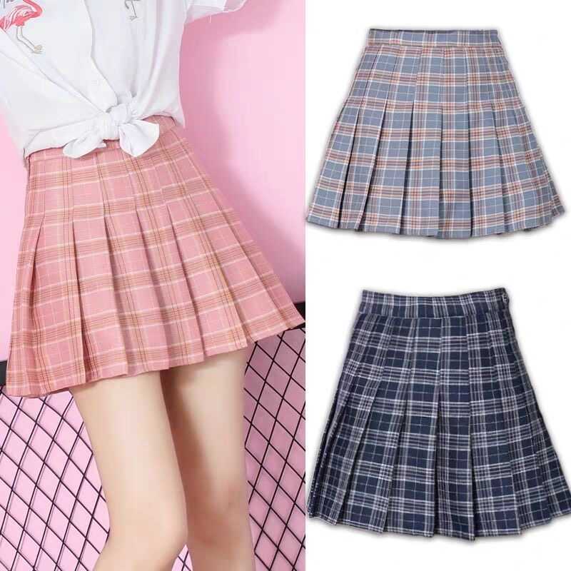 

Plaid Pleated Skirts Girly Sexy Short Korean Style Spring Summer Casual High Waist Zipper Women 210526, Black
