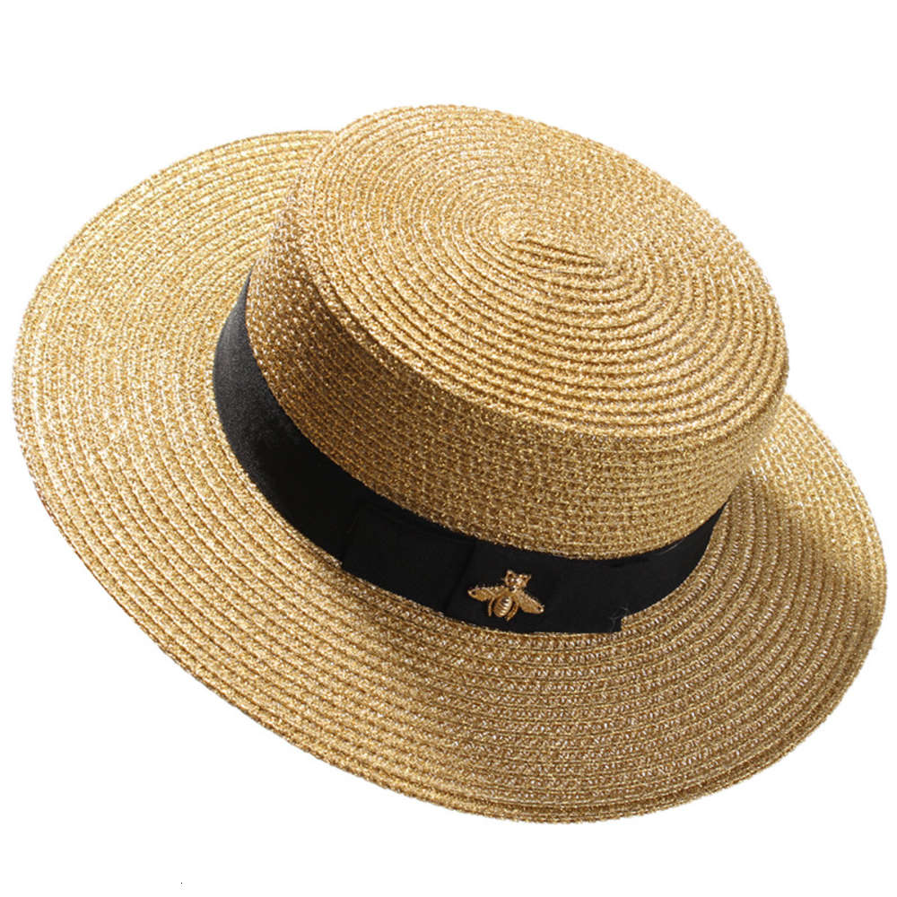

Hat Parent-child Flat-top Visor Woven Straw Fashion-Woven Wide-brimmed Gold Metal Bee Wide Straw Cap, Beige
