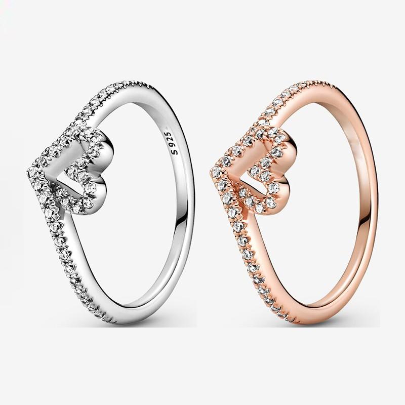 

Cluster Rings 2021 925 Sterling Silver Shining Love Wishing Bone Pan Ring Suitable For Women's Gifts Wedding Diy Jewelry, Golden;silver