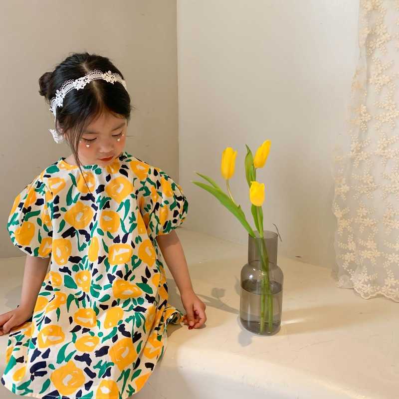 

Korean style baby girls floral printing loose dresses children cotton casual short sleeve dress 210615, Yellow floral