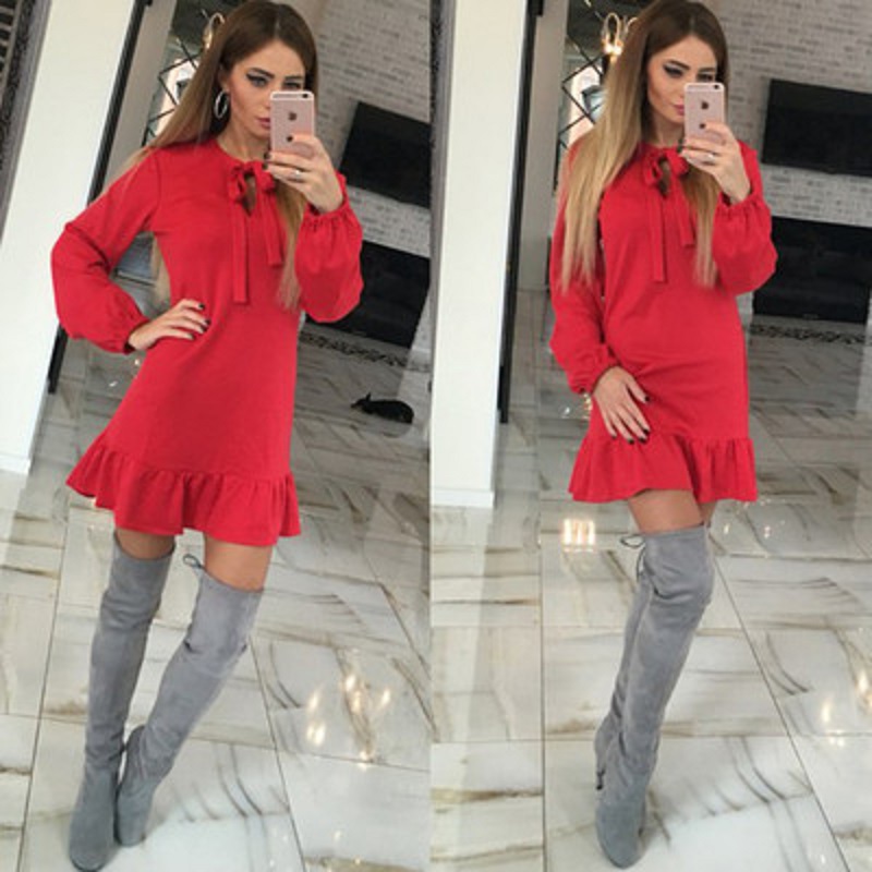 

Women Winter Dress Bow Woolen Solid Color Long Sleeve Dresses Tops S-XL A-Line Vintage Fashion Clothes Blue Red Black, Black;gray