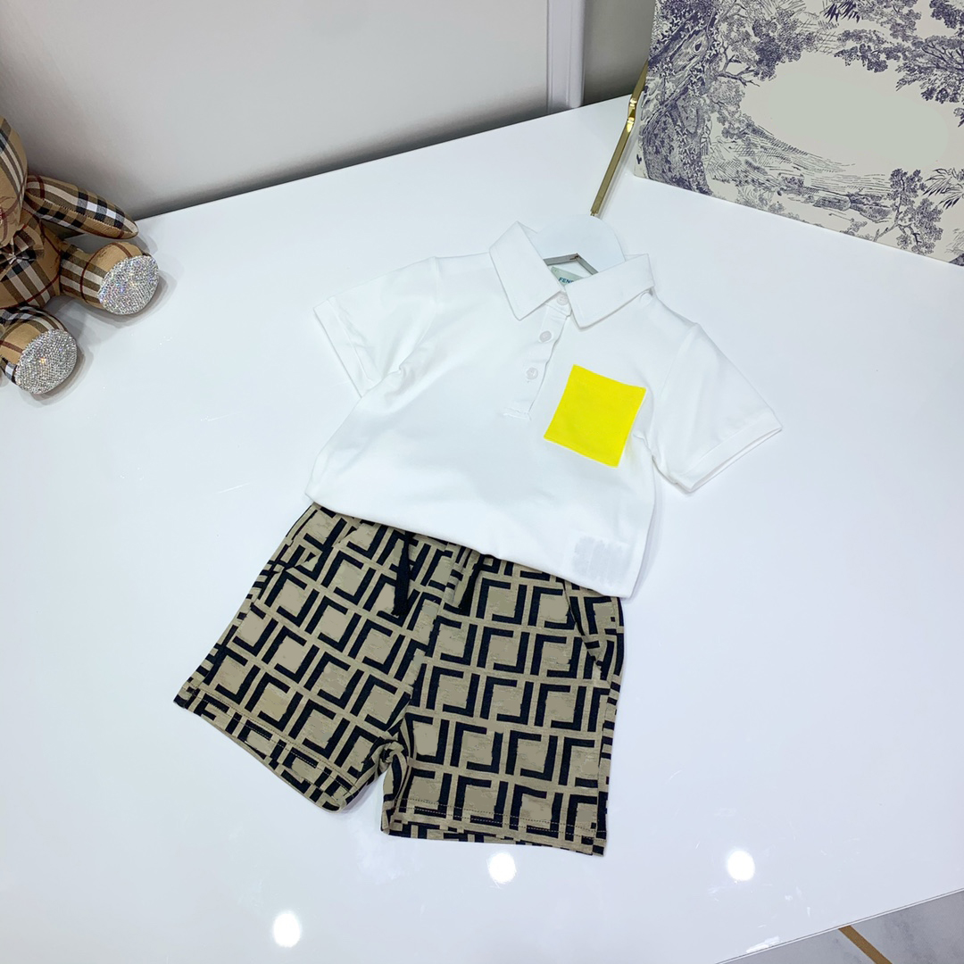 

designer kids white short sleeve polo T-shirt + shorts sets childrens suit brand boys clothing cotton tees size -150