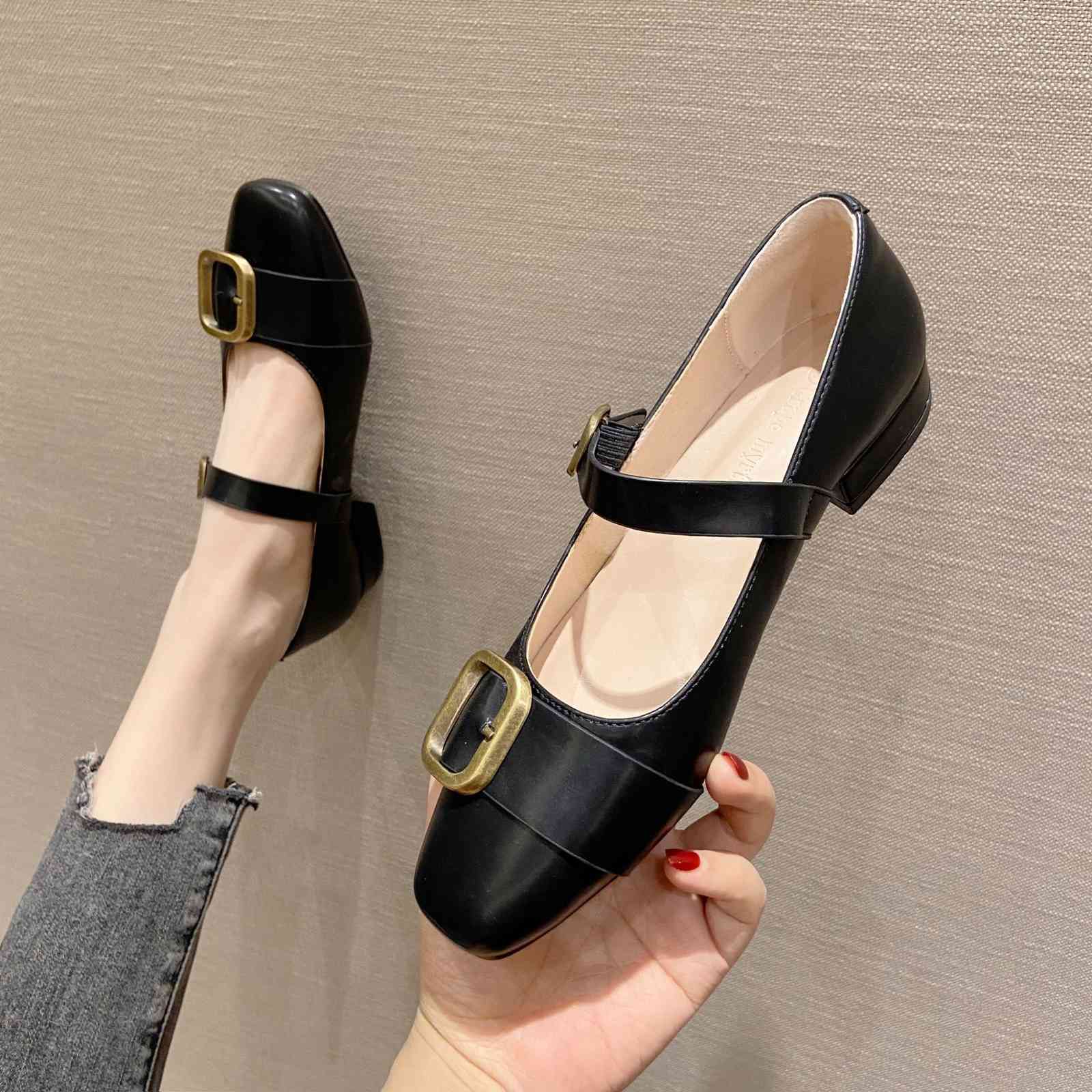 

women's Dress Shoes Single shoe spring and autumn square head thick heel one button Korean single flat bottom small leather BXQ6, 1# shoe box