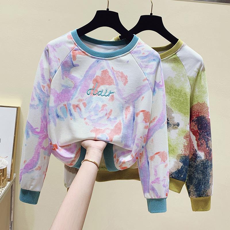 

Women's Hoodies & Sweatshirts Autumn High Street Letter Embroidery Sweatshirt Tie Dye O-Neck Short Pullover Cropped Tops Moletom Feminino 20, Black