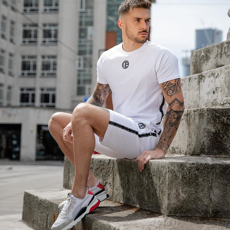 

Men's sports tights muscle fitness brothers Short Sleeve T-Shirt Top Casual WearXASP, White;black