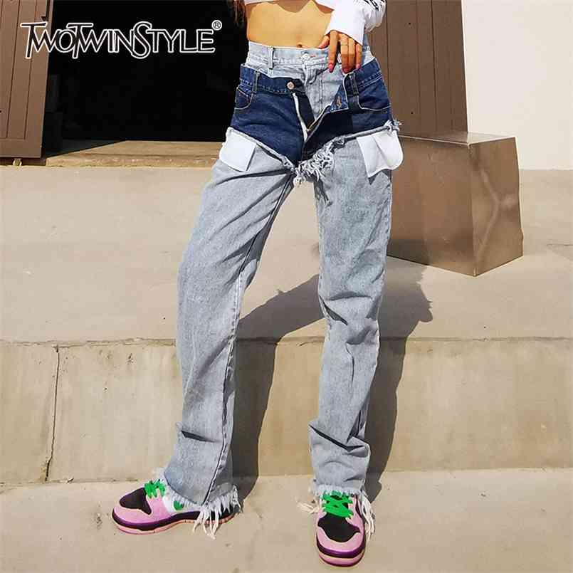 

Streetwear Hole Patchwork Tassel Jeans For Women Straight Casual Wide Leg Pants Female Fashion Clothing 210521, Blue