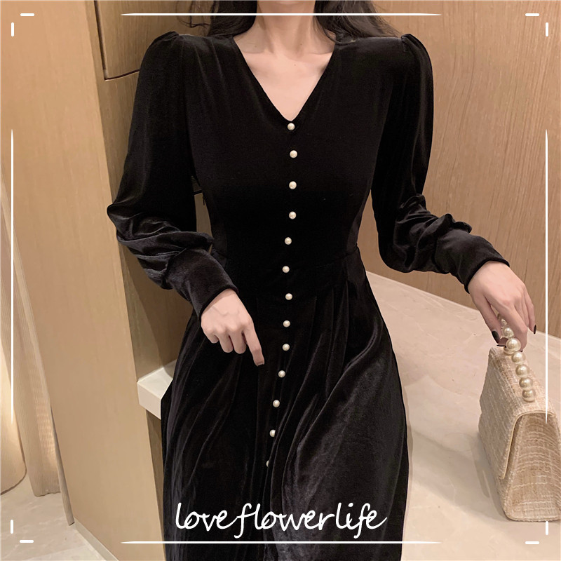 

French Vintage Elegant Dress Women V-neck Chic Puff Sleeve Office Lady Female Korean Style Autumn Women's Clothing 210521, Black
