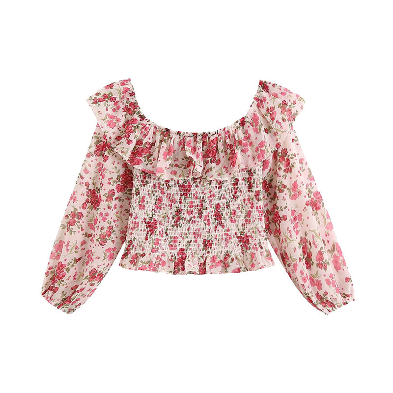 

Women Fashion Floral Print Ruffled Cropped Blouses Vintage Wide O Neck Smocked Female Shirts Blusas Chic Tops 210521, As picture