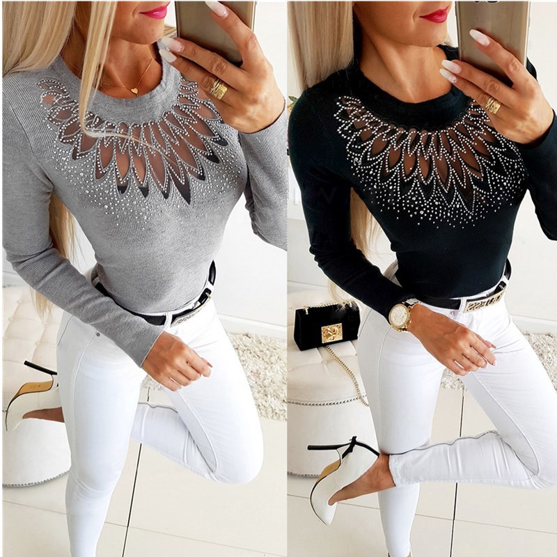 

Oufisun Autumn Sexy Hollow Out Gauze Diamonds Decor Long Sleeve T-shirt Elegant O-neck Slim Solid Womens Tops Lady T-shirts 210517, Black