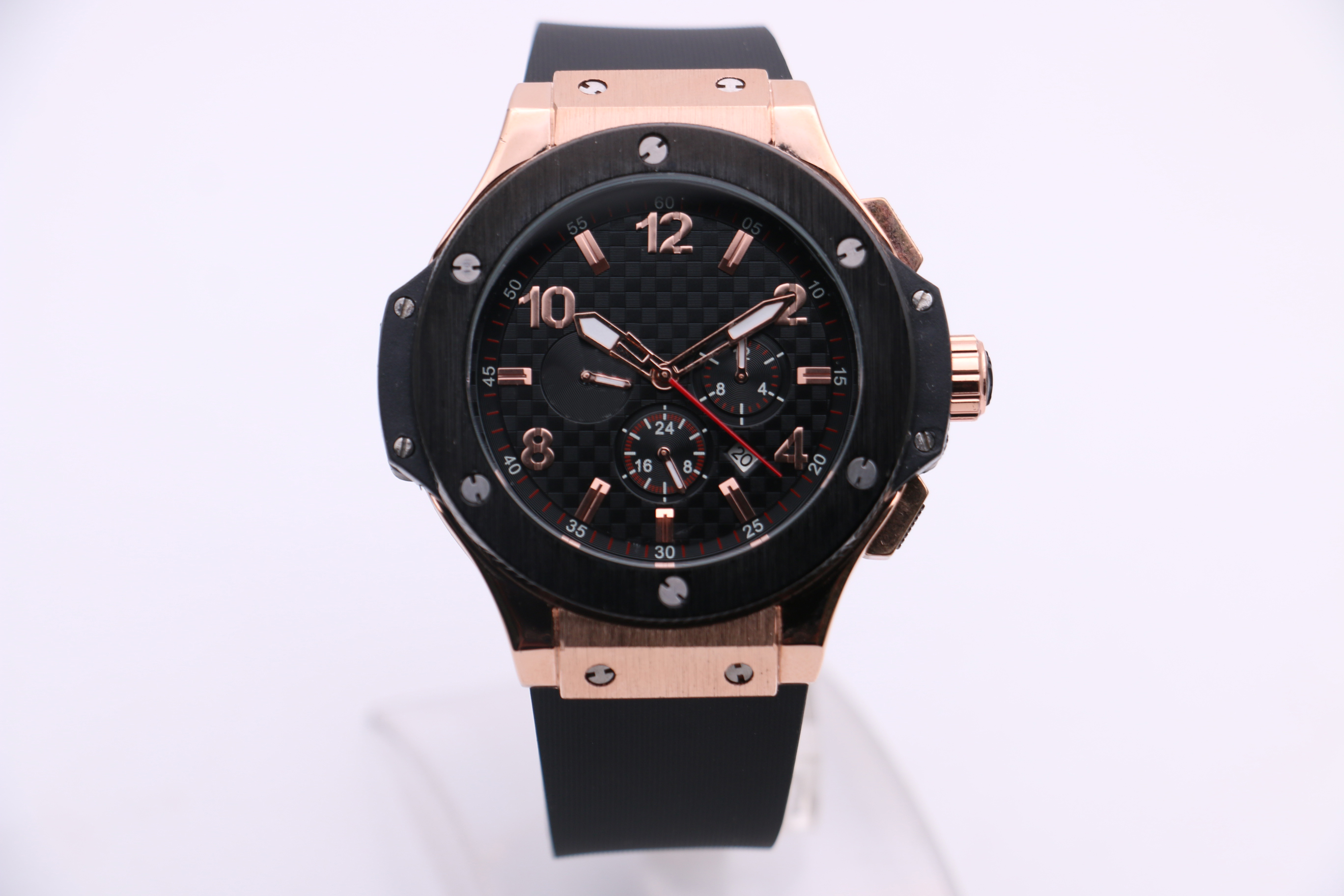 

men's mechanical watch NX gold stainless steel case black grid dial side ring six needle calendar transparent back cover rubber strap, Multi-color