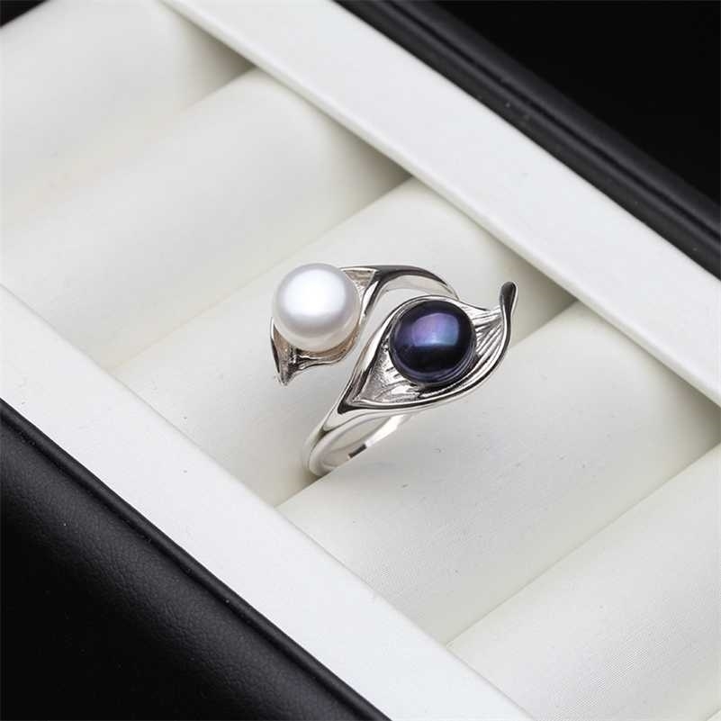 

Wedding Real Natural Freshwater White Black Double Pearl Ring Boho Fashion Leaf 925 Sterling Silver Rings For Women 220207