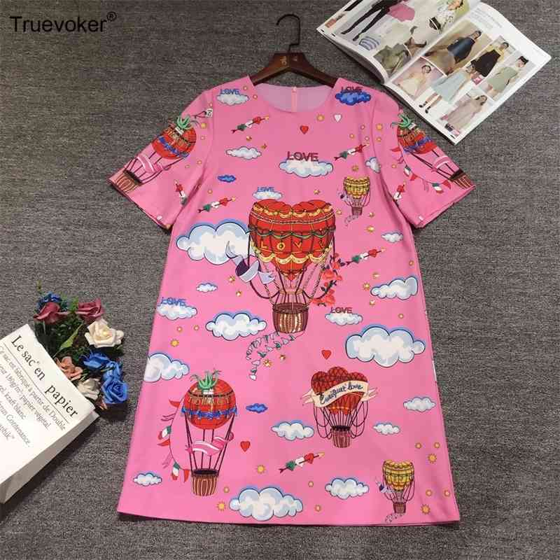 

Truevoker Women's Summer High Street Fashion Vestido Short Sleeve Rose Pink Ballon Print Crystal Diamond Lady Resort Dress 210602, Multi