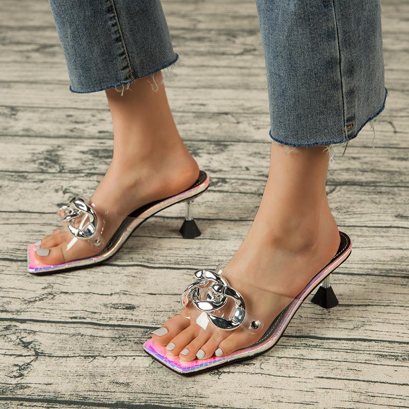 

Summer Elegant Women's Slippers PVC Transparent Metal Chain Decoration High Heels Mules Slides Pumps Square Toe Ladies Shoes, Black