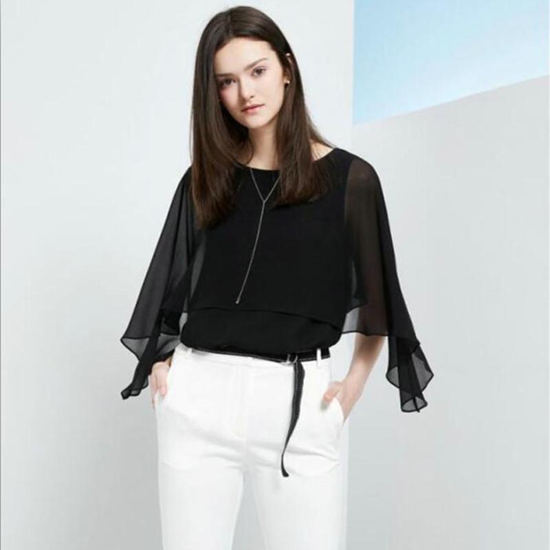 

Womens Tops Fashion 2021 Women Summer Chiffon Blouse Plus Ruffle Batwing Short Sleeve Casual Shirt Black White Women' Blouses & Shirts