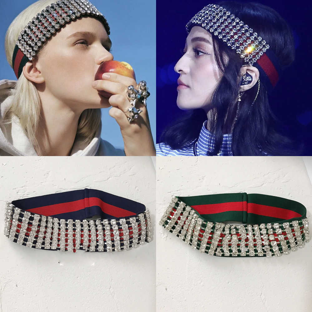 

Luxury Red Green Striped Rhinestone Elastic Headband Hair Band Jewelry for Women Bling Crystal Sport Sweat Headband Headpiece X0625