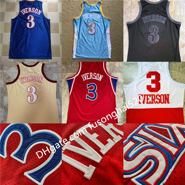 

NCAA Men Mitchell Ness Basketball Allen Iverson Jersey 3 Vintage Black White Red Blue Team Color Home Breathable Pure Cotton Good Quality, Black;red