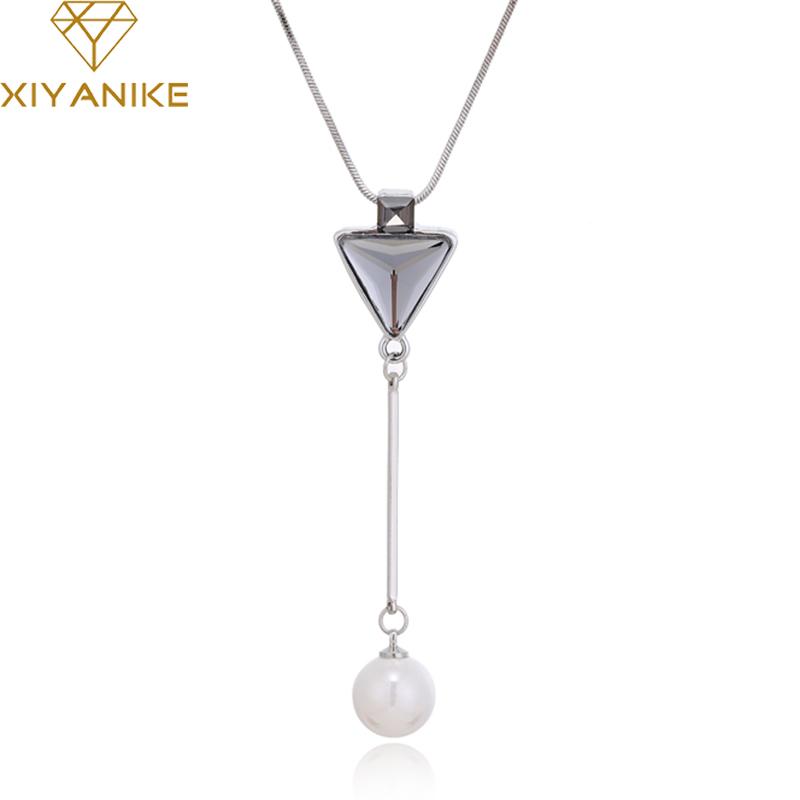 

Steampunk Square Triangle Gray Crystal Women Necklaces & Pendants Fashion Jewelry Silver Color Chain Long Necklace N253 Chokers