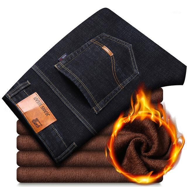 

Men's Jeans Men Winter Thicker Warm Fleece Denim Black Business Casual Pants High Quality Male Stretch Straight Fit Long, Blue 029