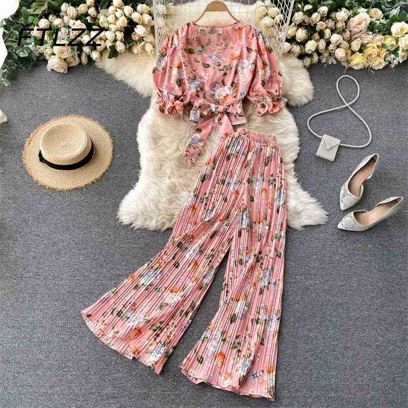 

women Bohemian two piece sets summer sexy v neck short blouse pleated pants outfits ladies floral print chiffon suits 210525, Black