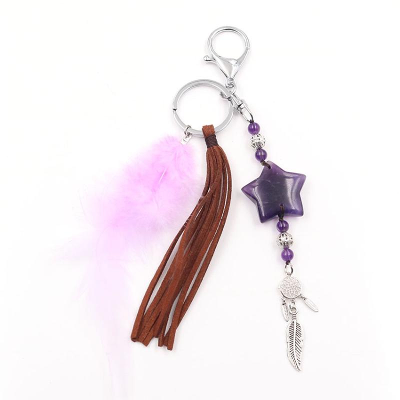 

Keychains FYSL Silver Plated Circle Lucky Star Amethysts Key Chain With Tassels Feather Blue Turquoises Stone Jewelry