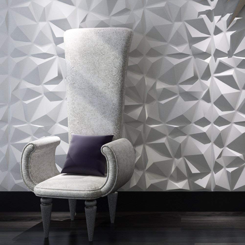Art3d 50x50cm 3D Plastic Wall Panels Soundproof Diamond Design Stickers White for Living Room Bedroom TV Background (Pack of 12 Tiles 32 Sq Ft)-image-721943856