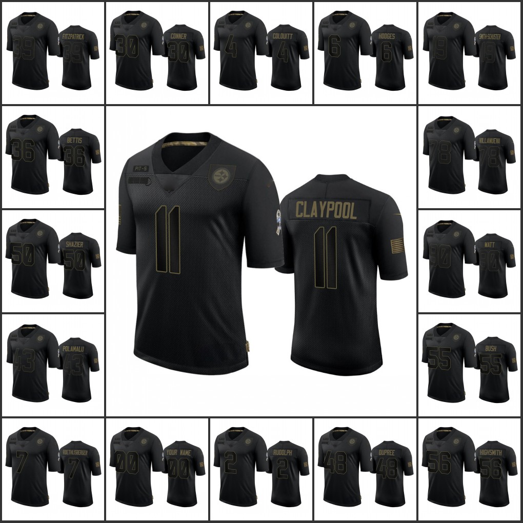 

Pittsburgh's Steelers's Men #11 Chase Claypool 90 T.J. Watt 19 JuJu Smith-Schuster 43 Troy Polamalu Custom Women Youth Black Salute to Service Limited Jersey
