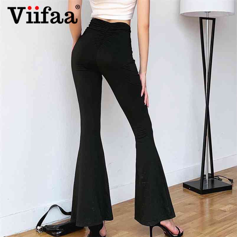 

Viifaa Black Solid High Waist Skinny Flare Pant Ruched Back Slim Fit Femme Spring Stretchy Trousers 210721