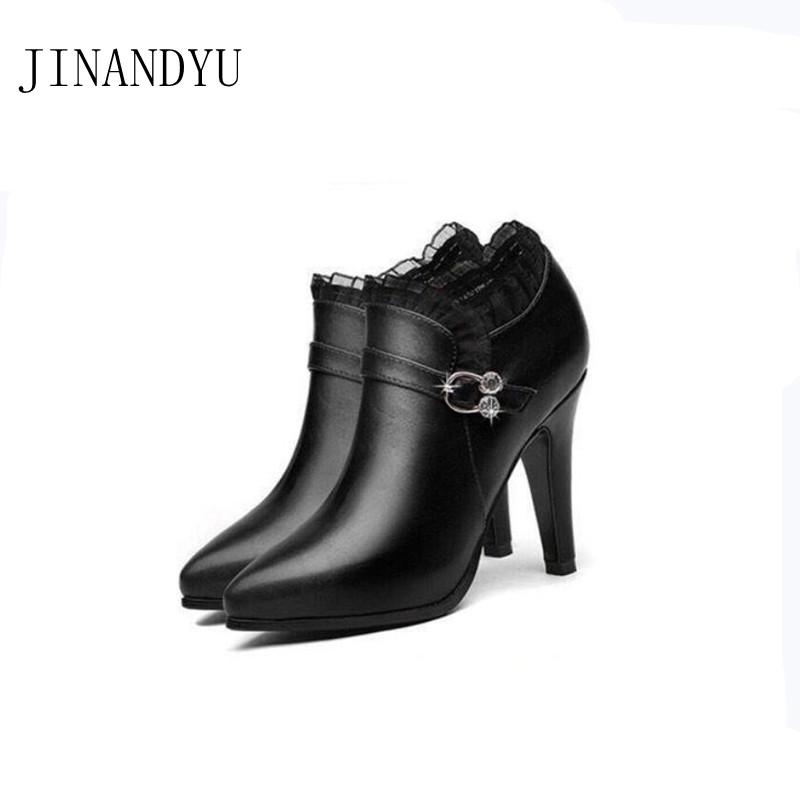 

Boots Rhinestone High Heel Leather For Women Fashion Waterproof Black Red Stiletto Heels Pumps Ankle Femme