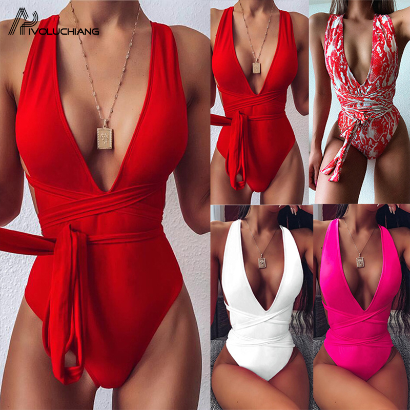 

Sexy V Neck Swimwear One Piece Swimsuit High Waist Strap Bikinis Swimwear 2021 Bandage Women Monokini Backless Barher Beachwear, Rosered