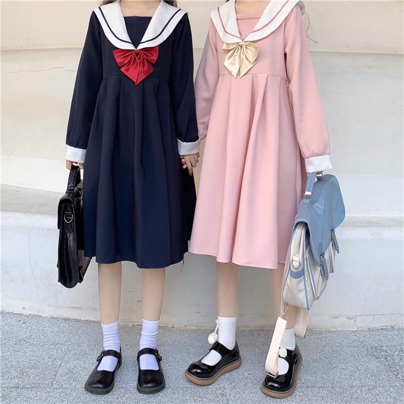 

Casual Dresses Japanese School Uniform Mori Girls Harajuku Style Long Sleeve Sailor Collar Bow Navy Blue Pink One-piece Dress
